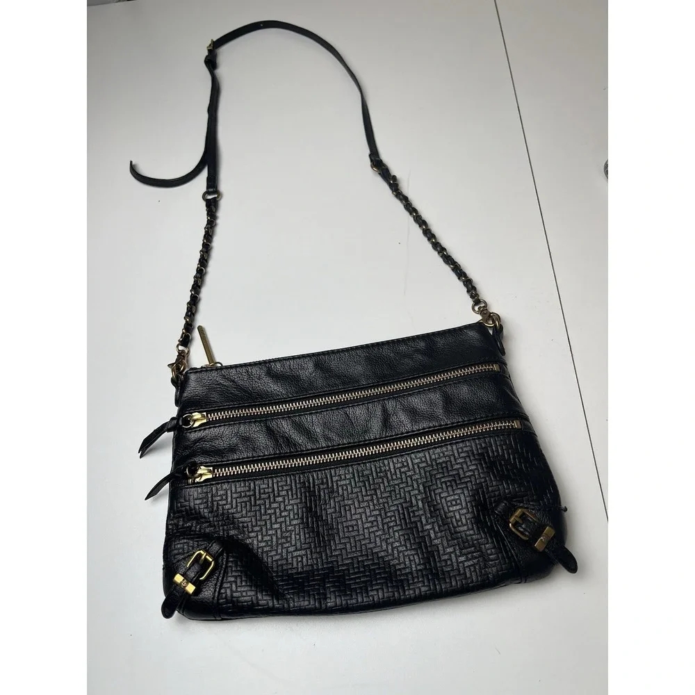 Black Leather Crossbody Purse Elliott Lucca Messina Bag Gold Accents